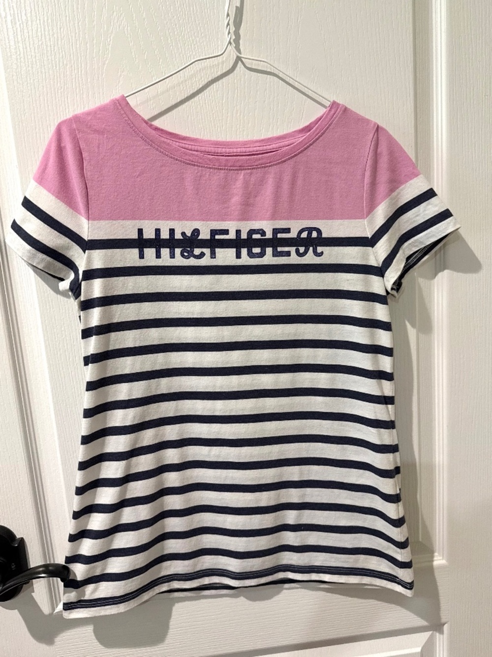 Tommy Hilfiger Navy Blue White and Pink Striped Tee with Glitter Logo Sz M